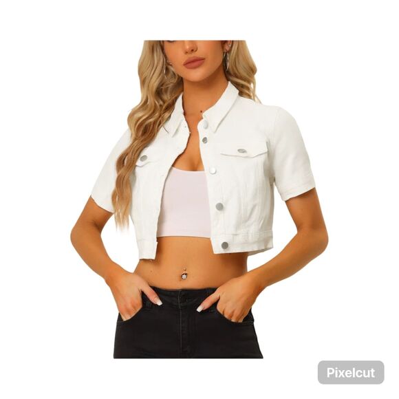 Allegra K Size Lg White Casual Lapel Short Sleeve Cropped Jean Denim Jacket NWT - Picture 1 of 11
